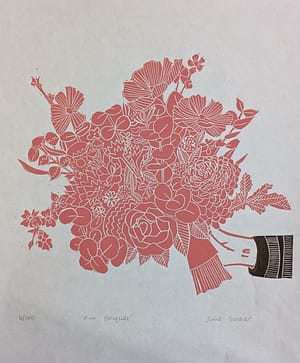 Lino print of a pink bouquet of flowers
