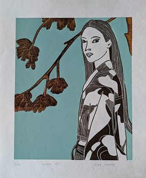 Lino print of a girl in a Kimono
