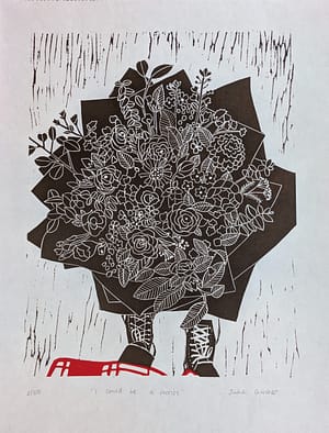 Lino print of trainers, check skirt and a large bouquet of flowers