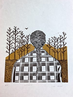 Lino print of a girl in a checked jacket, from the back, with a plait in her hair