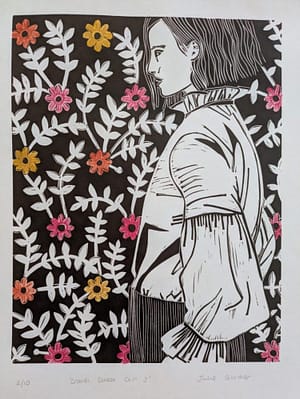 Lino print of a girl with a flowery wallpaper, by Julie Gardner Art