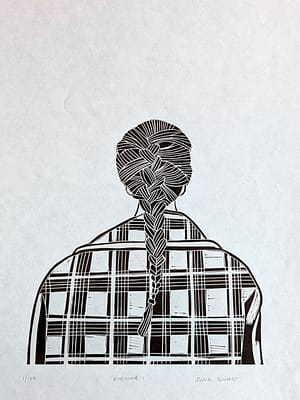 Lino print of a girl in a checked jacket, from the back, with a plait in her hair