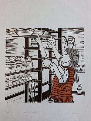 Lino print of a potter in an orange tank top