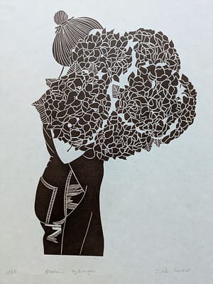 Lino print of a girl holding a large bunch of hydrangea flowers