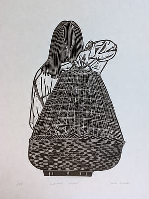 Lino print of a girl holding a large woven basket