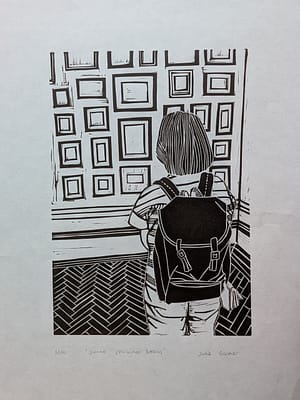 Lino print of a girl looking at art at the RA Summer exhibition