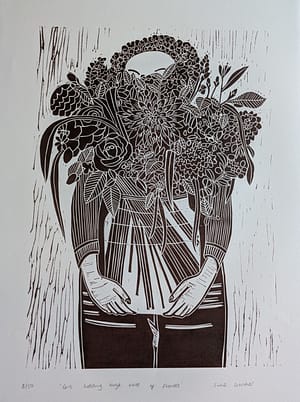 Lino print of a girl holding a large vase of flowers
