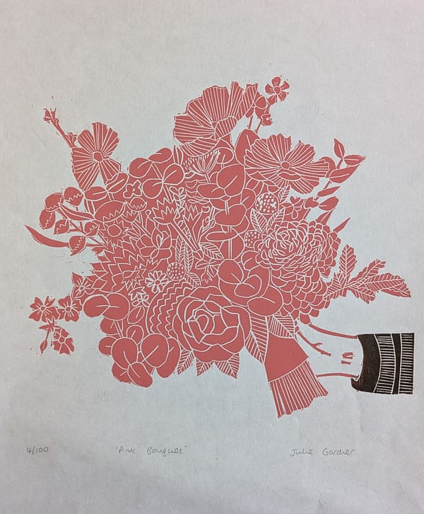 Lino print of a pink bouquet of flowers