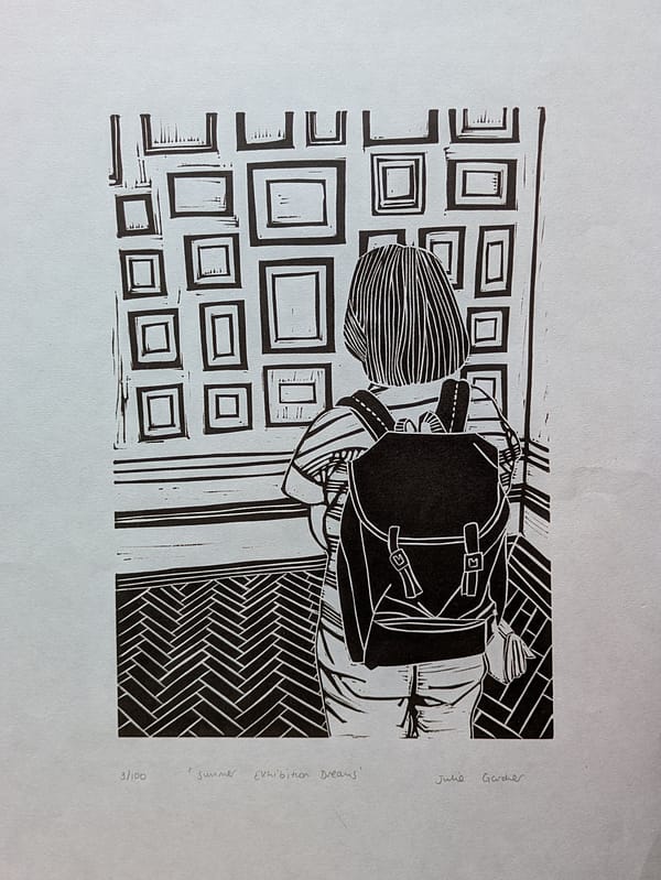 Lino print of a girl looking at art at the RA Summer exhibition