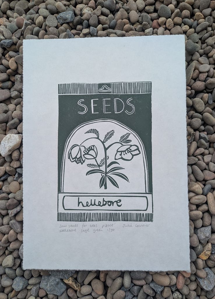 Lino print of hellebore seed packet by Julie Gardner