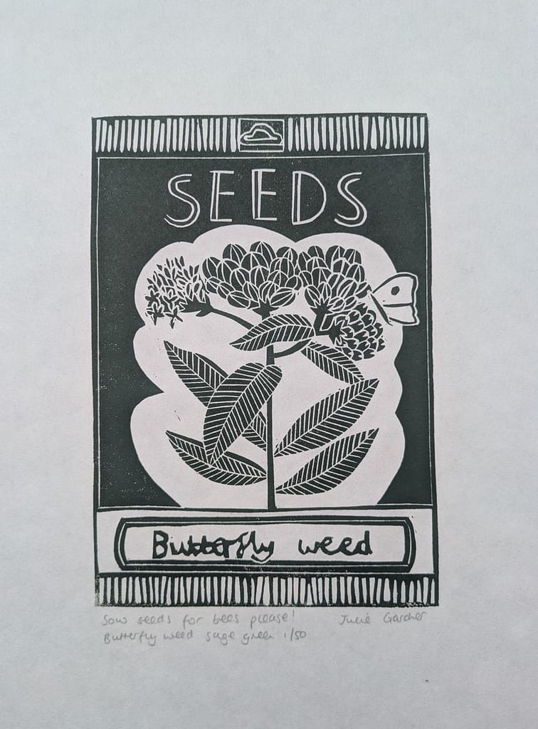 Lino print of butterfly weed seed packet by Julie Gardner