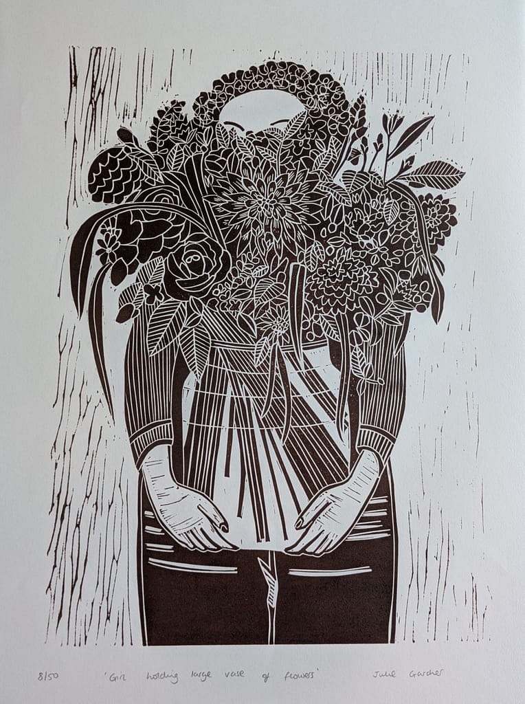 Lino print of a girl holding a large vase of flowers