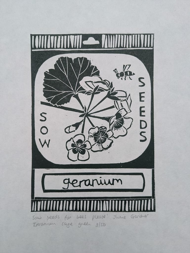 Lino print of a geranium seed packet by Julie Gardner