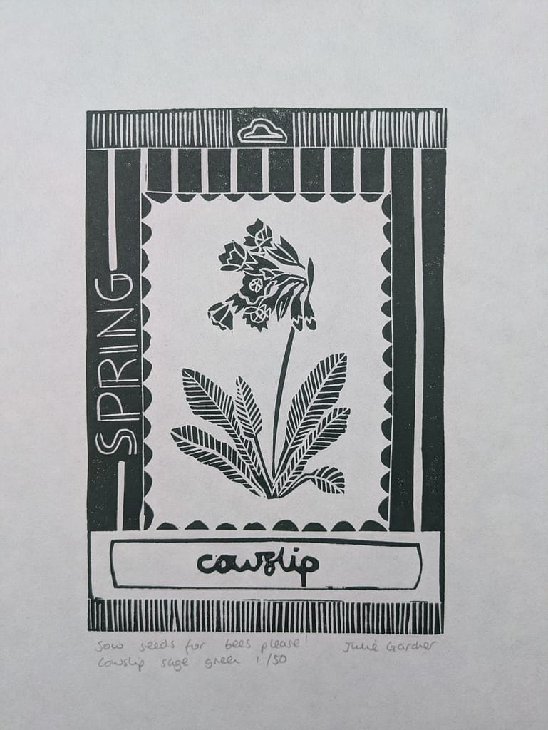 Lino print of cowslip seed packet by Julie Gardner