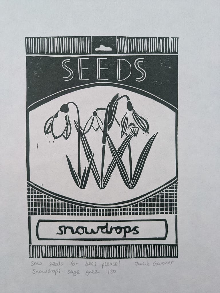 Lino print of snowdrops by Julie Gardner