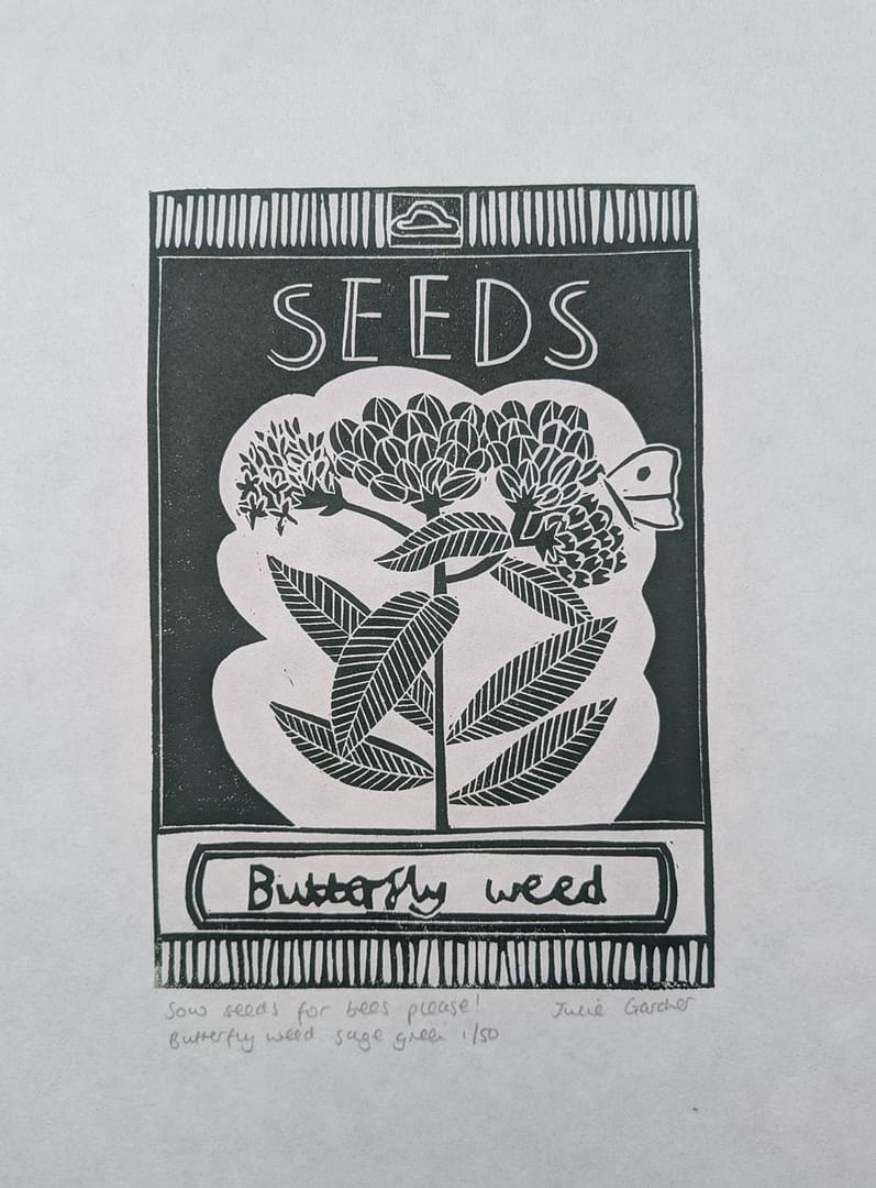 Lino print of butterfly weed seed packet by Julie Gardner