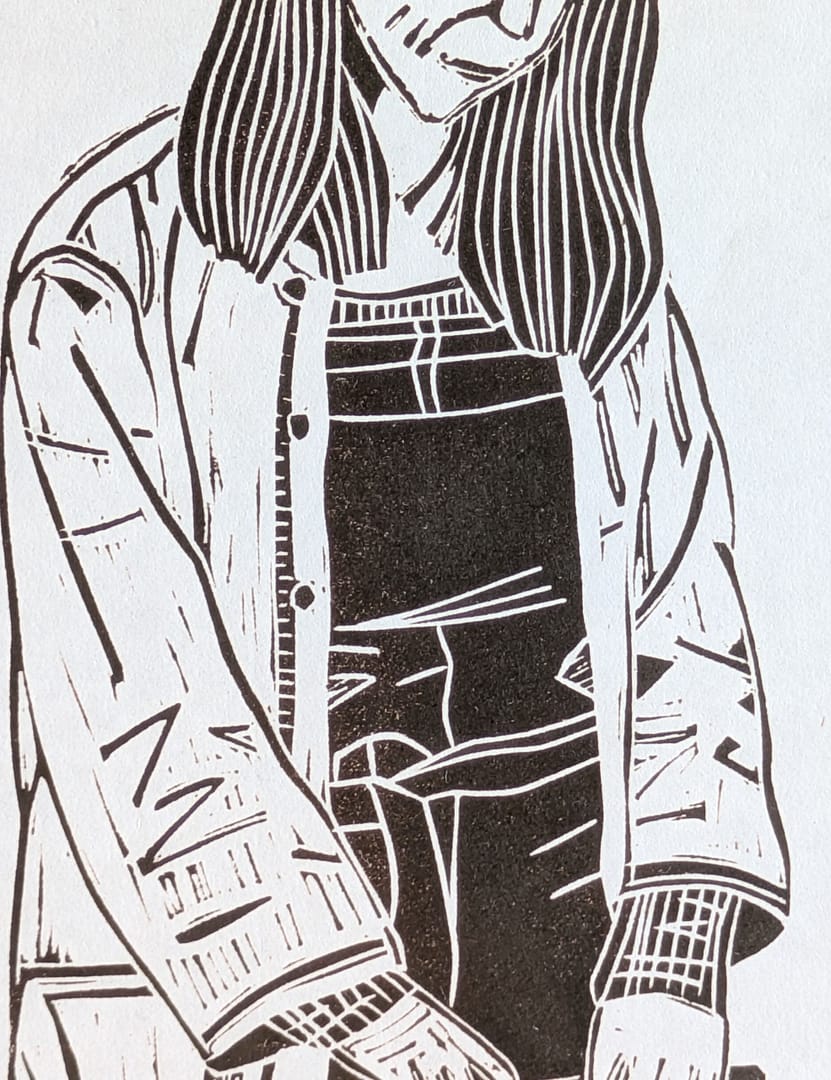 Lino print of a girl holding a basket in a flower meadow