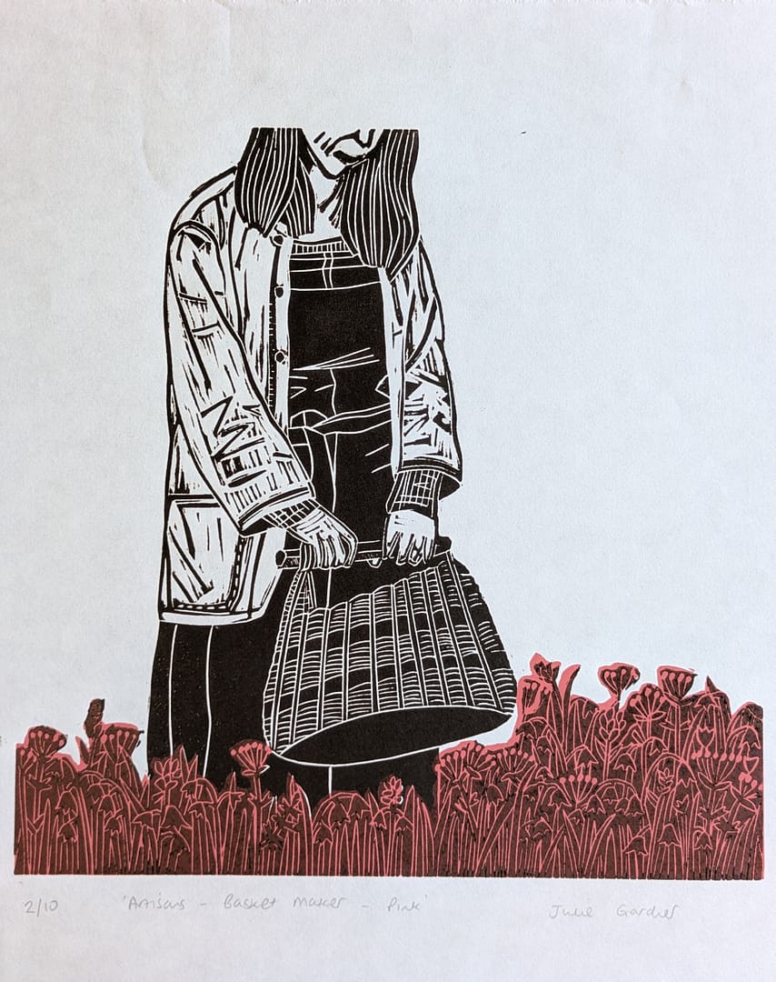 Lino print of a girl holding a basket in a flower meadow
