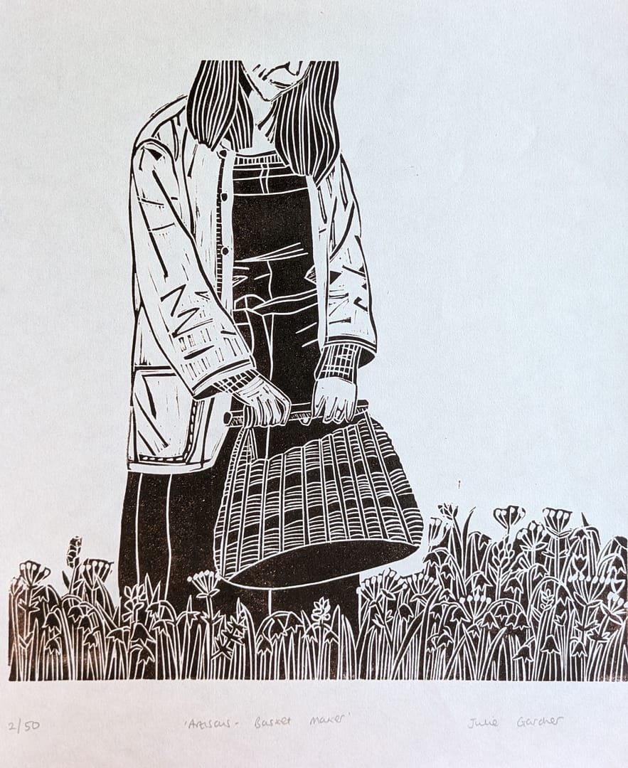 Lino print of a girl holding a basket in a flower meadow